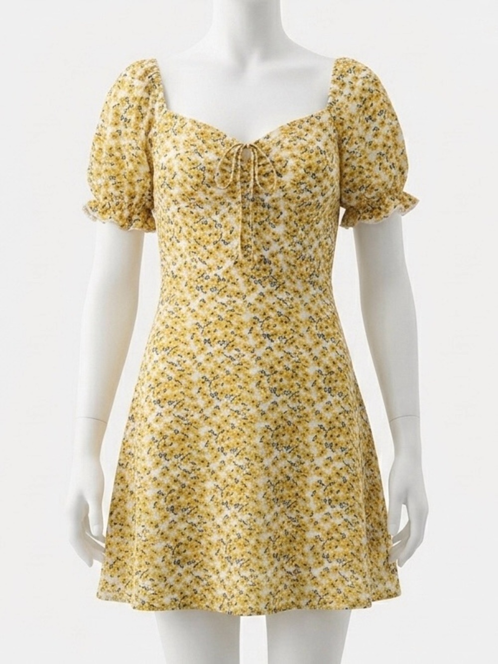 Yellow Floral Puff Sleeve Mini Sun Dress Faux Tie Front Sweetheart Neck - XL